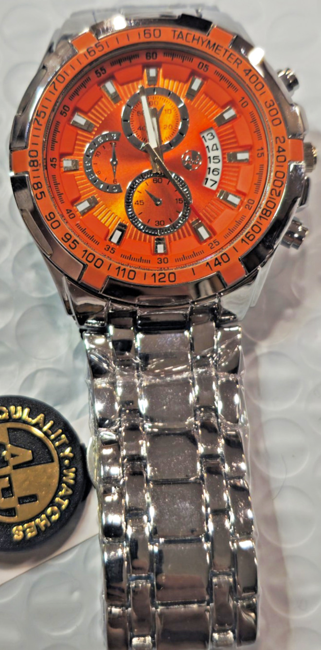 🔥AJ Sport🔥 Quartz Men’s Chronograph Date Tachymeter Orange Dial Steel Bracelet